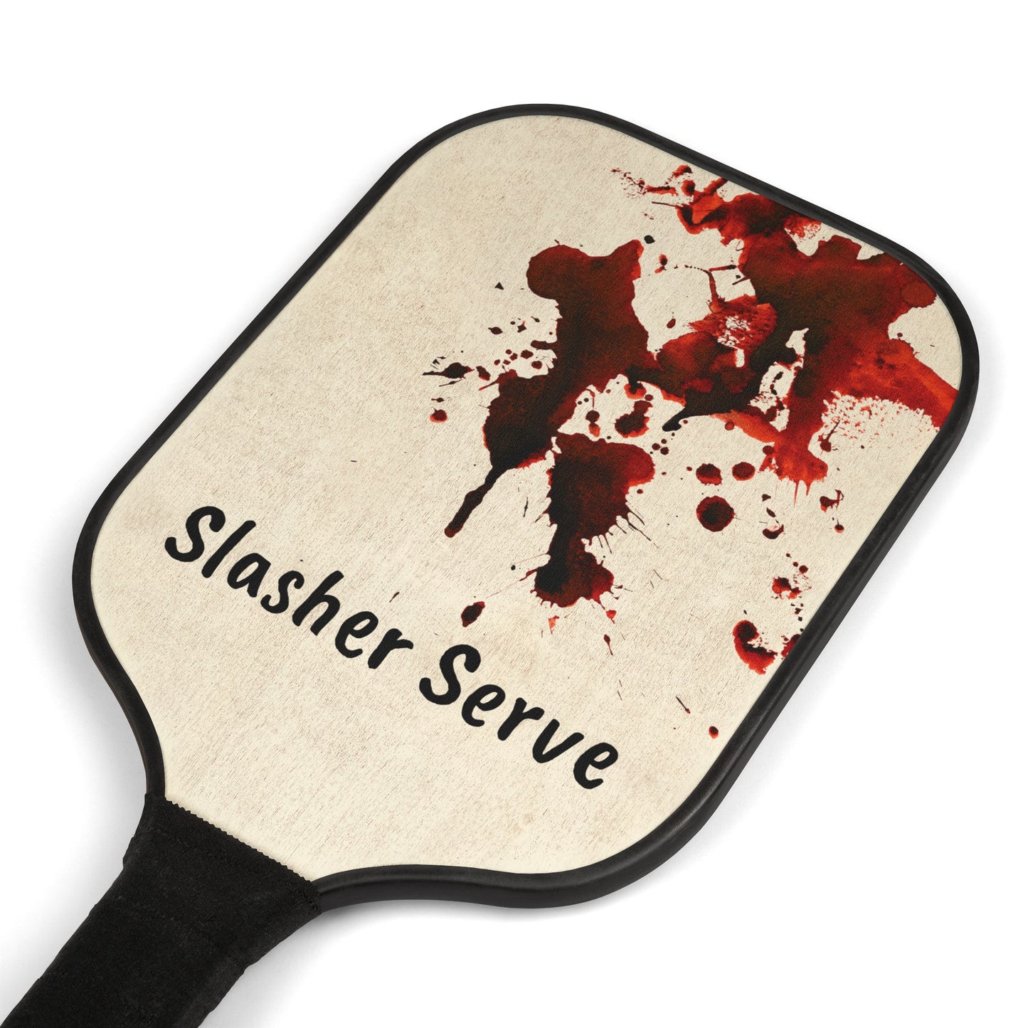 Pickleball paddle with 'Slasher Serve' text and blood splatter design on a white background