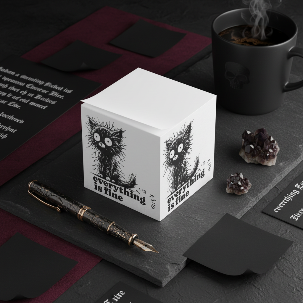 Gothic cat note cube showing all four sides with humorous stressed cat design on white paper