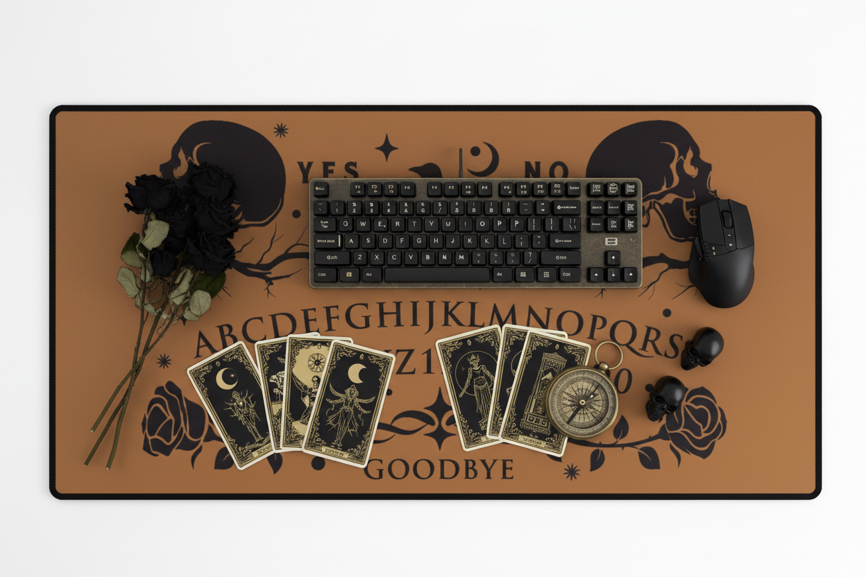Overhead flat-lay of gothic desk setup