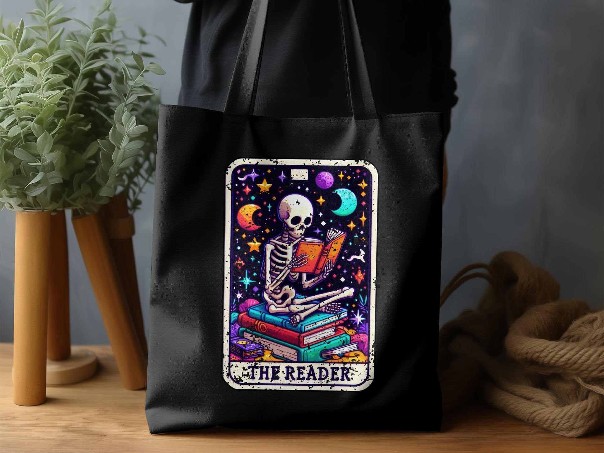 The Reader Skeleton Galaxy Art Tote Bag product type