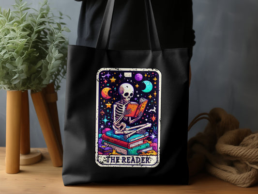 The Reader Skeleton Galaxy Art Tote Bag product type