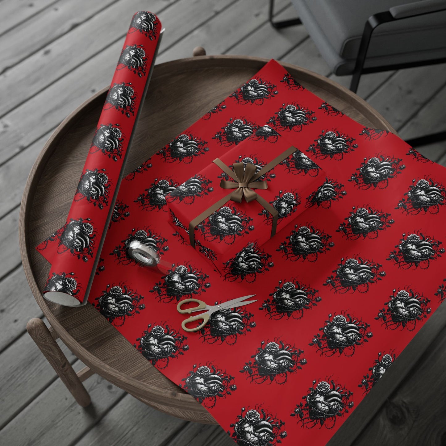 Skull & Roses Red Wrapping Paper Roll — Gothic Holiday Gift Wrap