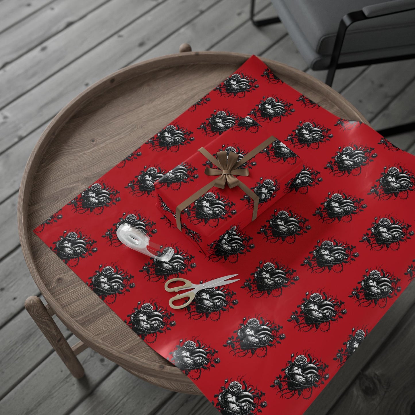 Skull & Roses Red Wrapping Paper Roll — Gothic Holiday Gift Wrap