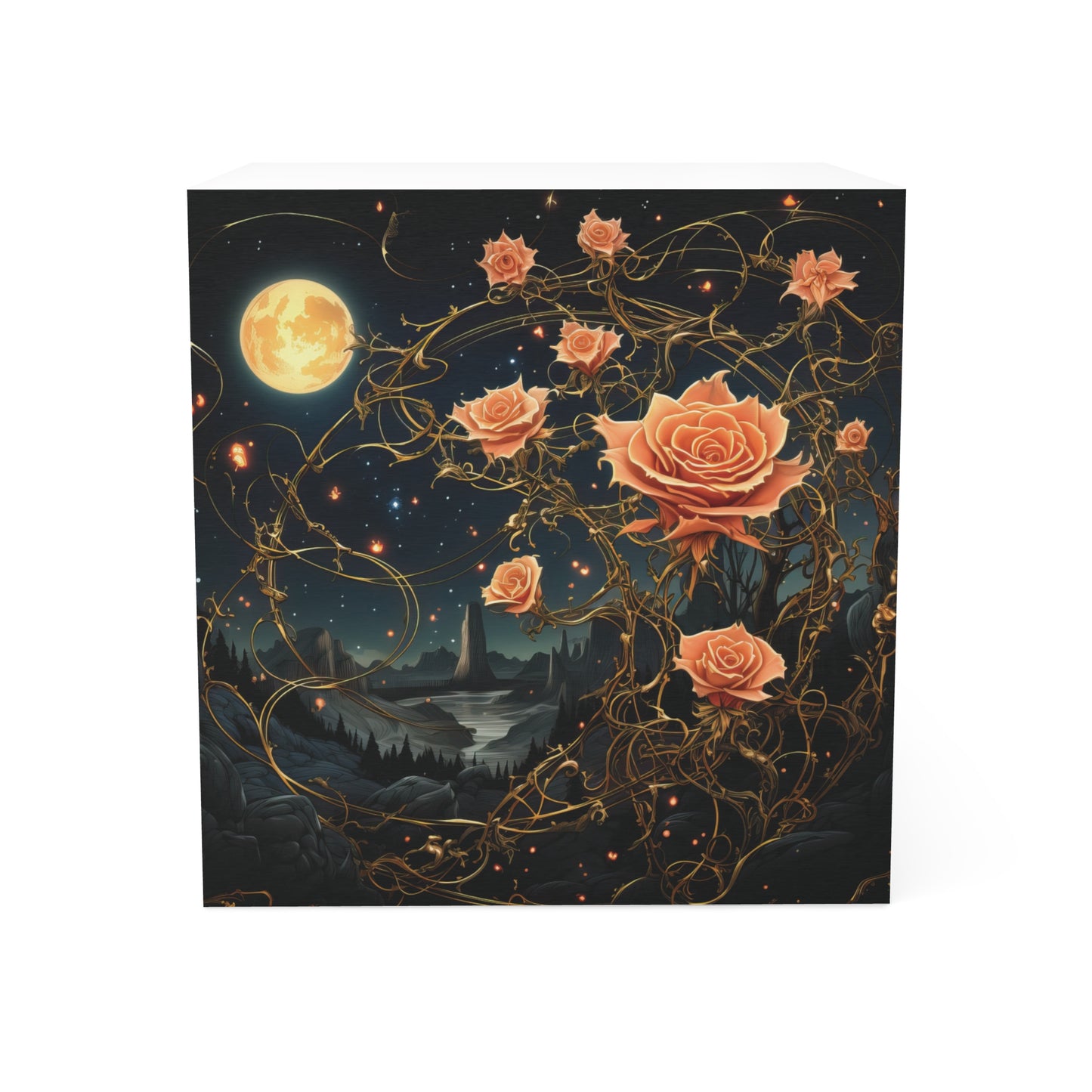 Decorative product with roses and a moonlit landscape on a dark background