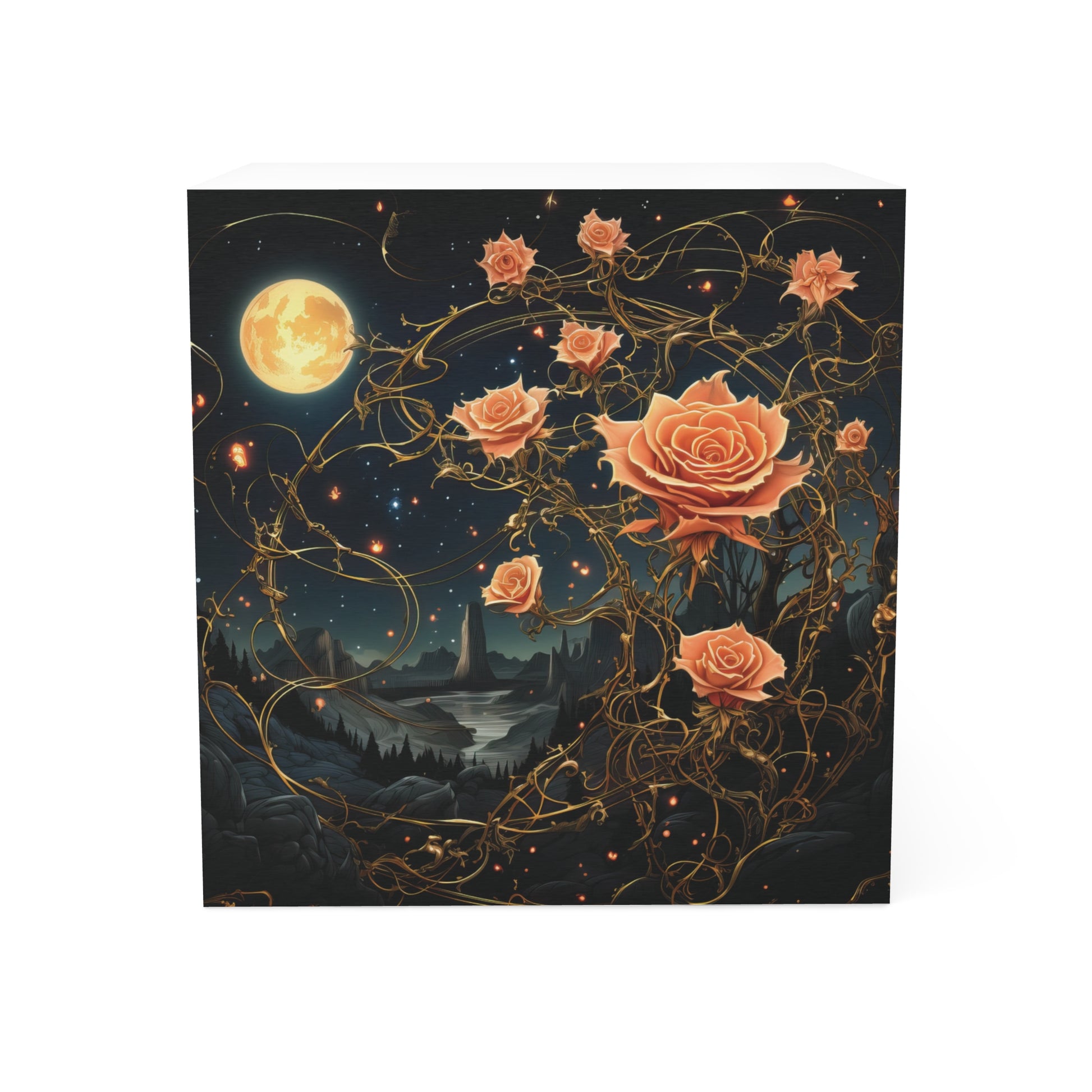 Decorative product with roses and a moonlit landscape on a dark background
