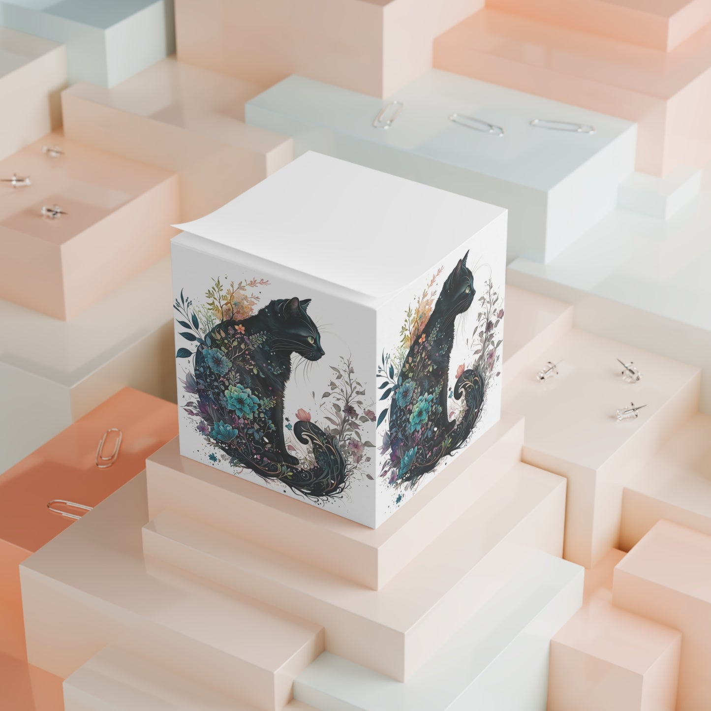 Floral Cat Note Cube, Perfect for Cat Lovers Gifts, Stationery, Home Decor, Office, Journaling, Desk Organization