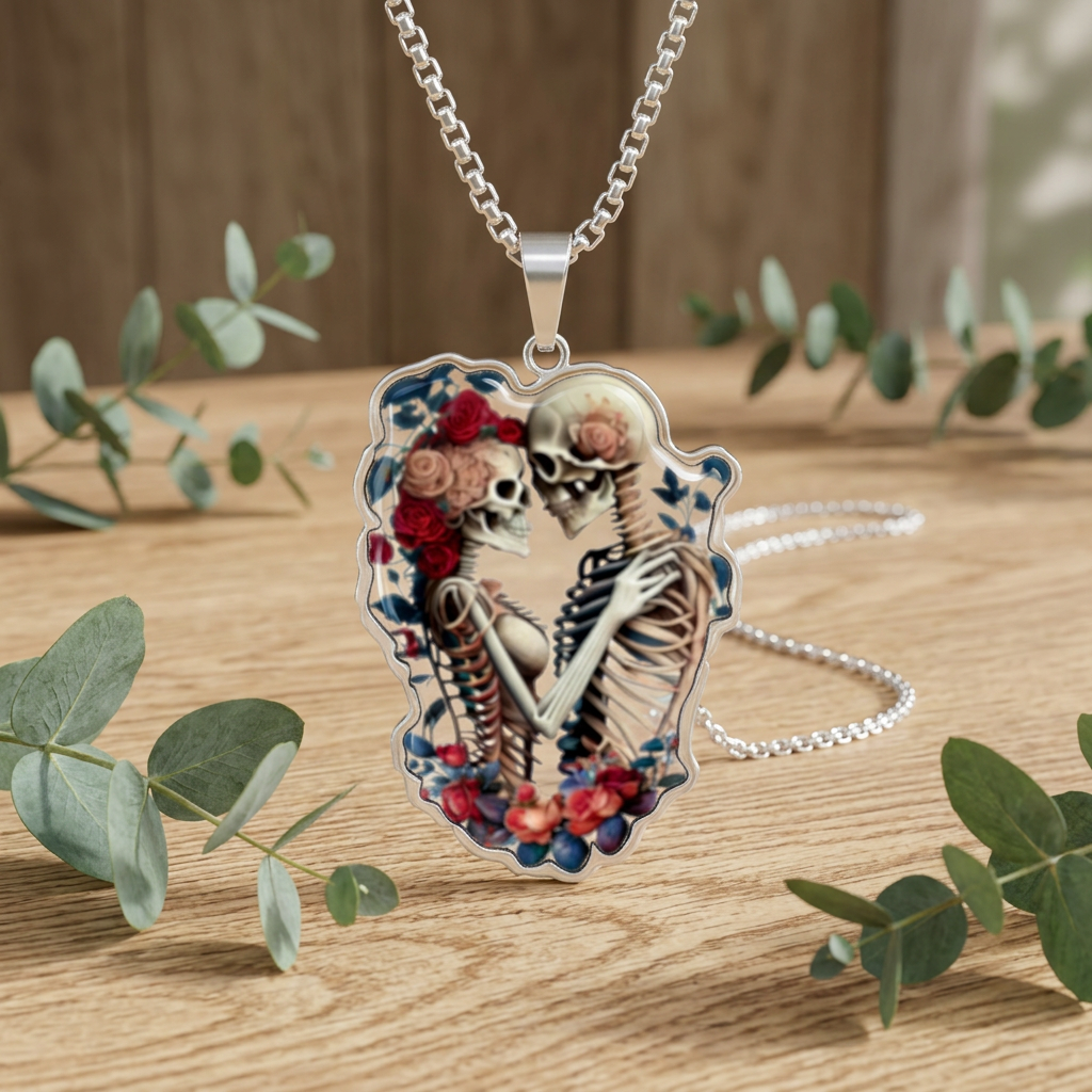 Skeleton Couple Photo Pendant | Personalized Gothic Romance Necklace, Day of the Dead Gift