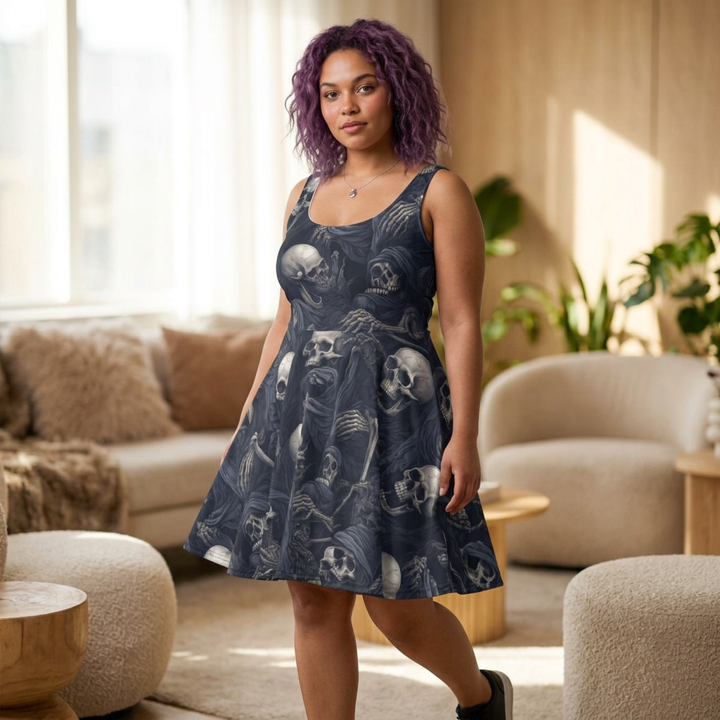 Skulls and Grim Reapers Skater Dress | Dark Gothic Skeleton All-Over Print