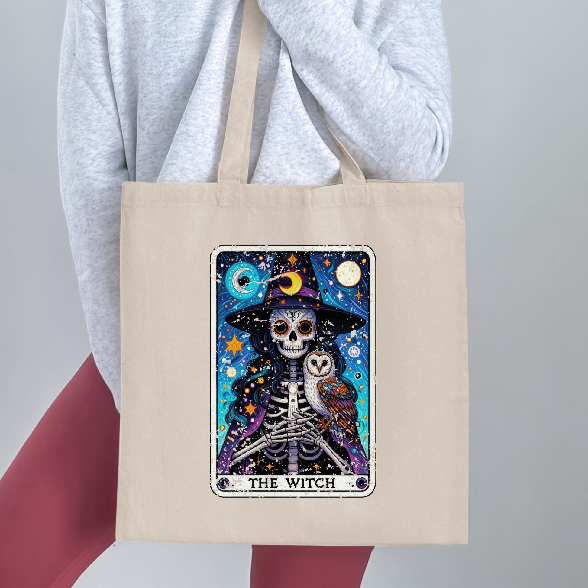 The Witch Skeleton Holding Owl Design Tote Bag product type