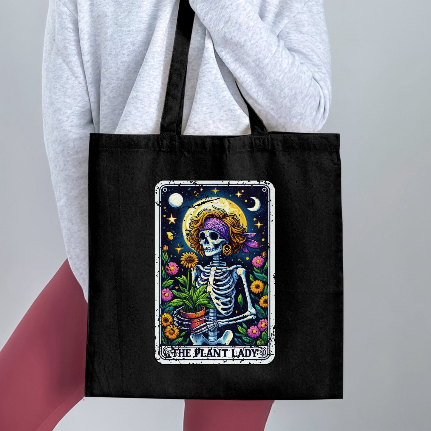 The Plant Lady Skeleton Art on Black Tote Bag product