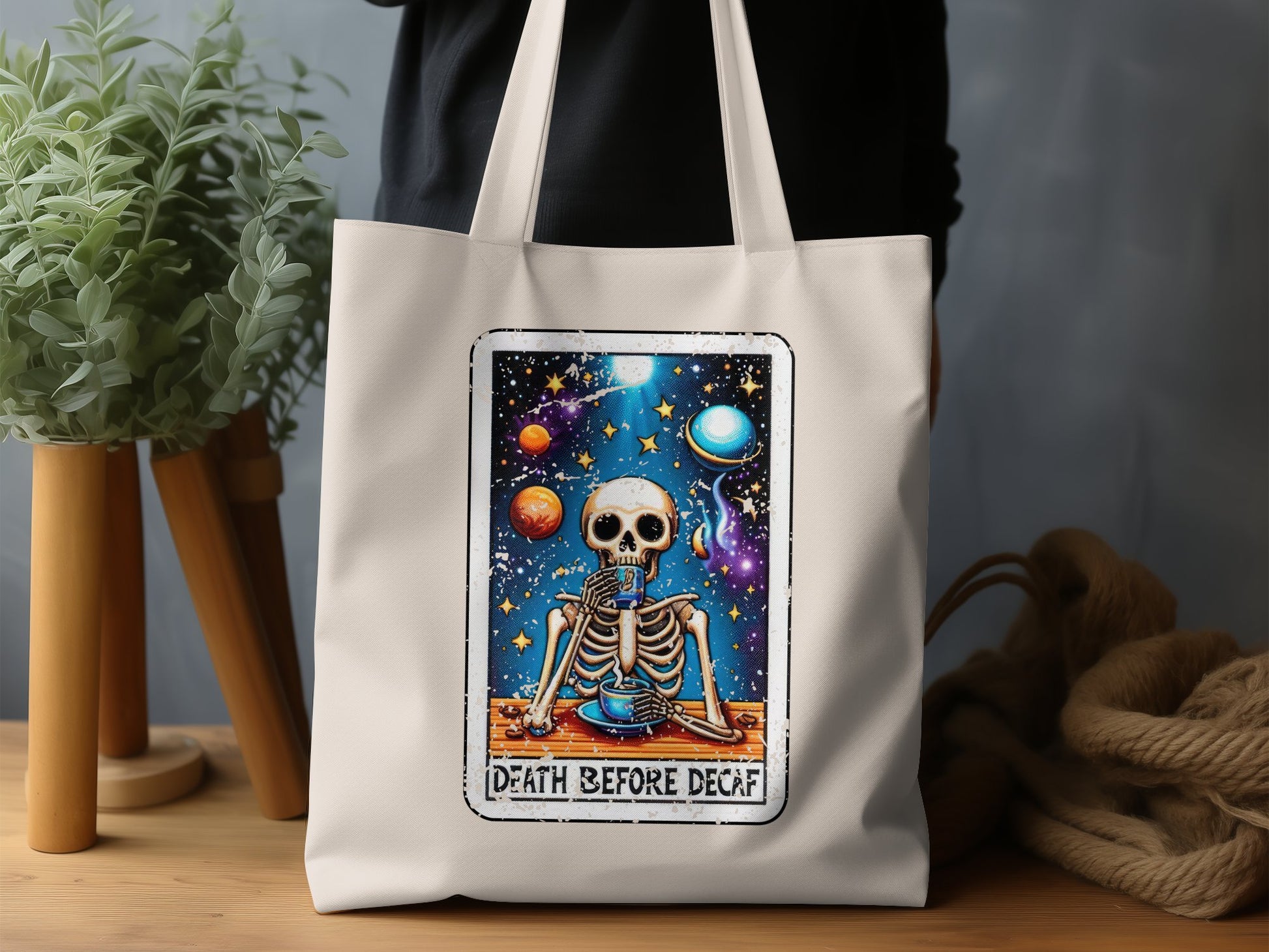 Death Before Decaf Skeleton Tote Bag product