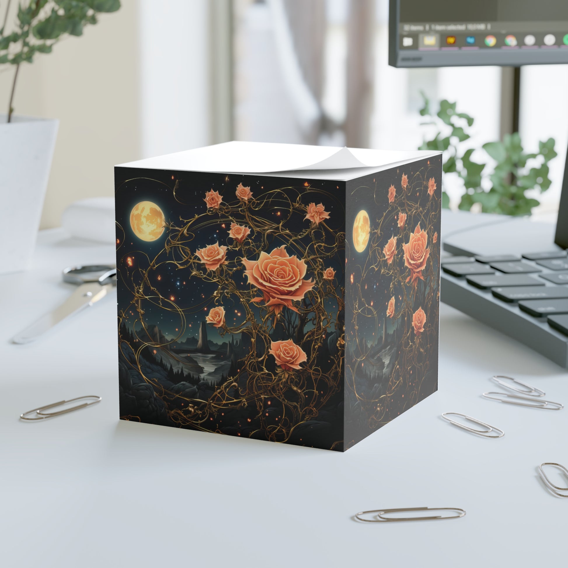 Gothic celestial note cube showing rose and moon phases on all four sides, mystical stationery
