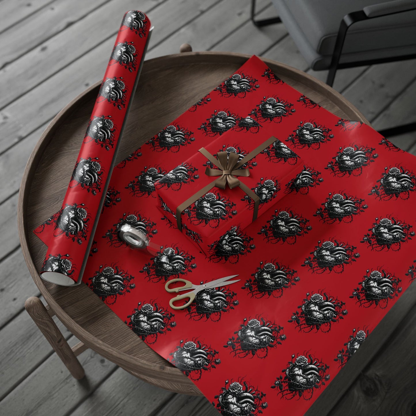 Skull & Roses Red Wrapping Paper Roll — Gothic Holiday Gift Wrap