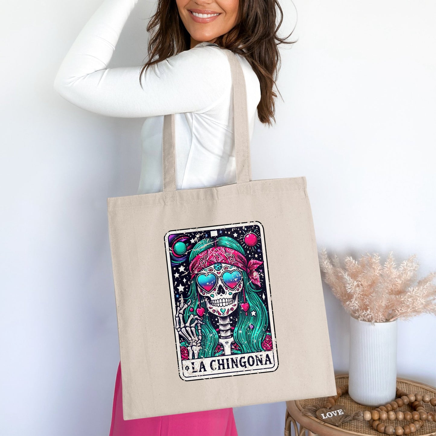 Stylish La Chingona Tote Bag with Skull Design product type