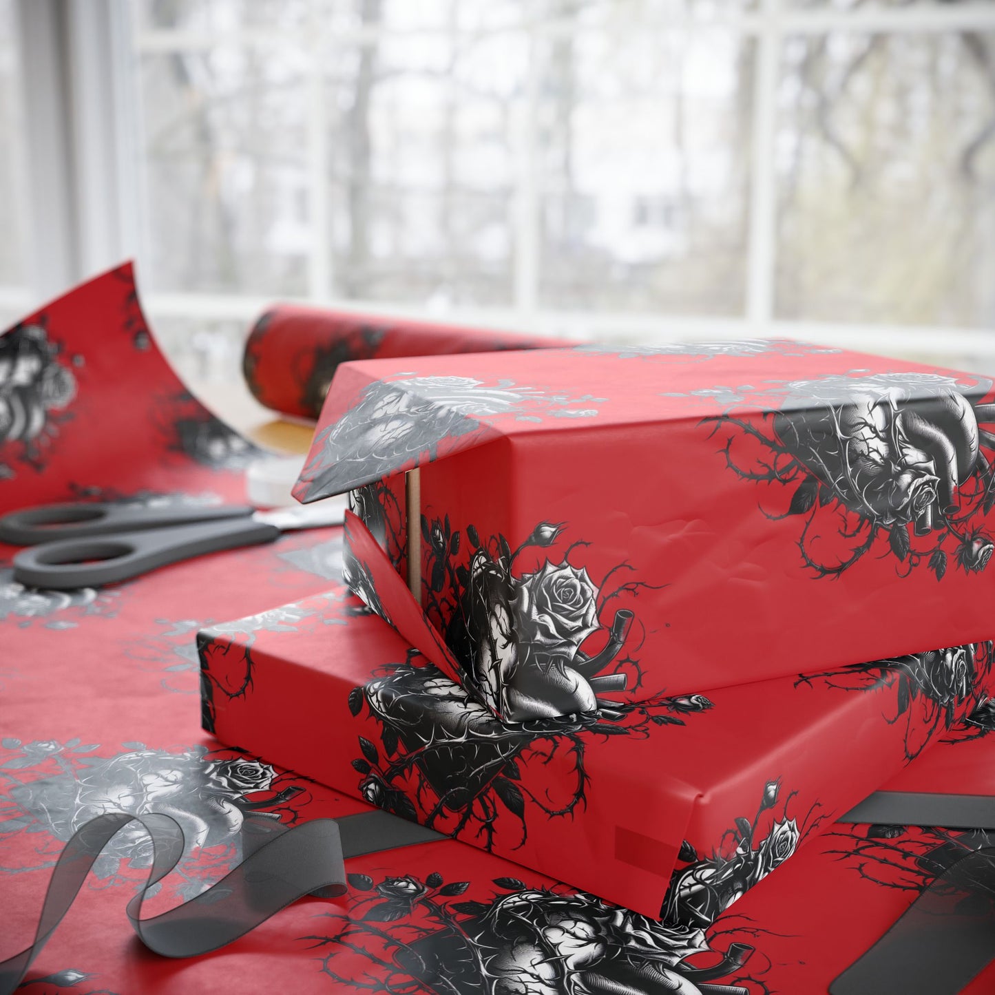 Skull & Roses Red Wrapping Paper Roll — Gothic Holiday Gift Wrap