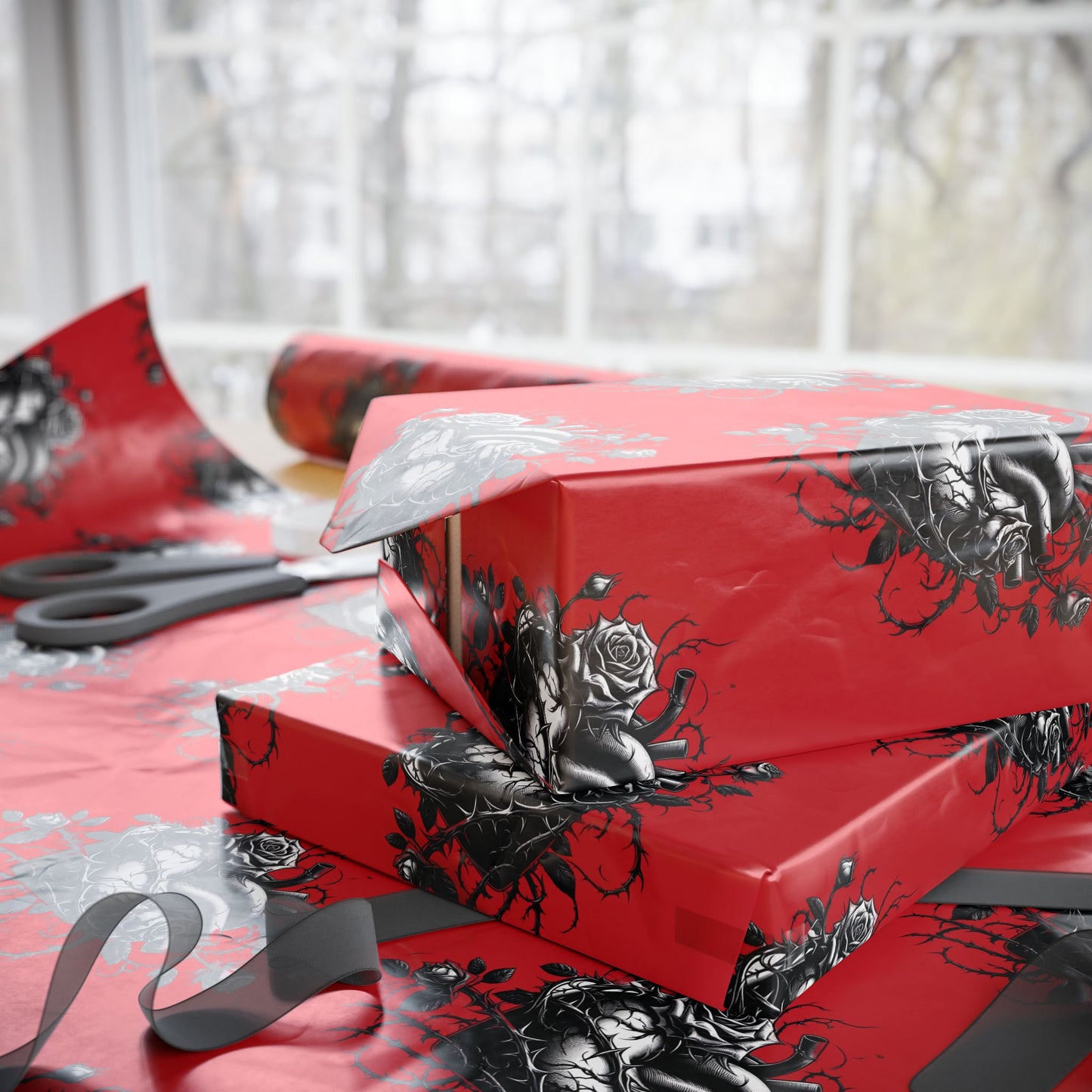 Skull & Roses Red Wrapping Paper Roll — Gothic Holiday Gift Wrap