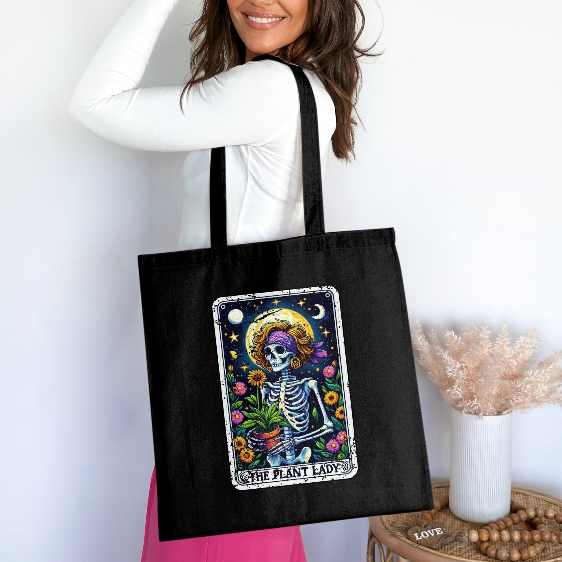 The Plant Lady Skeleton Art Black Tote Bag product