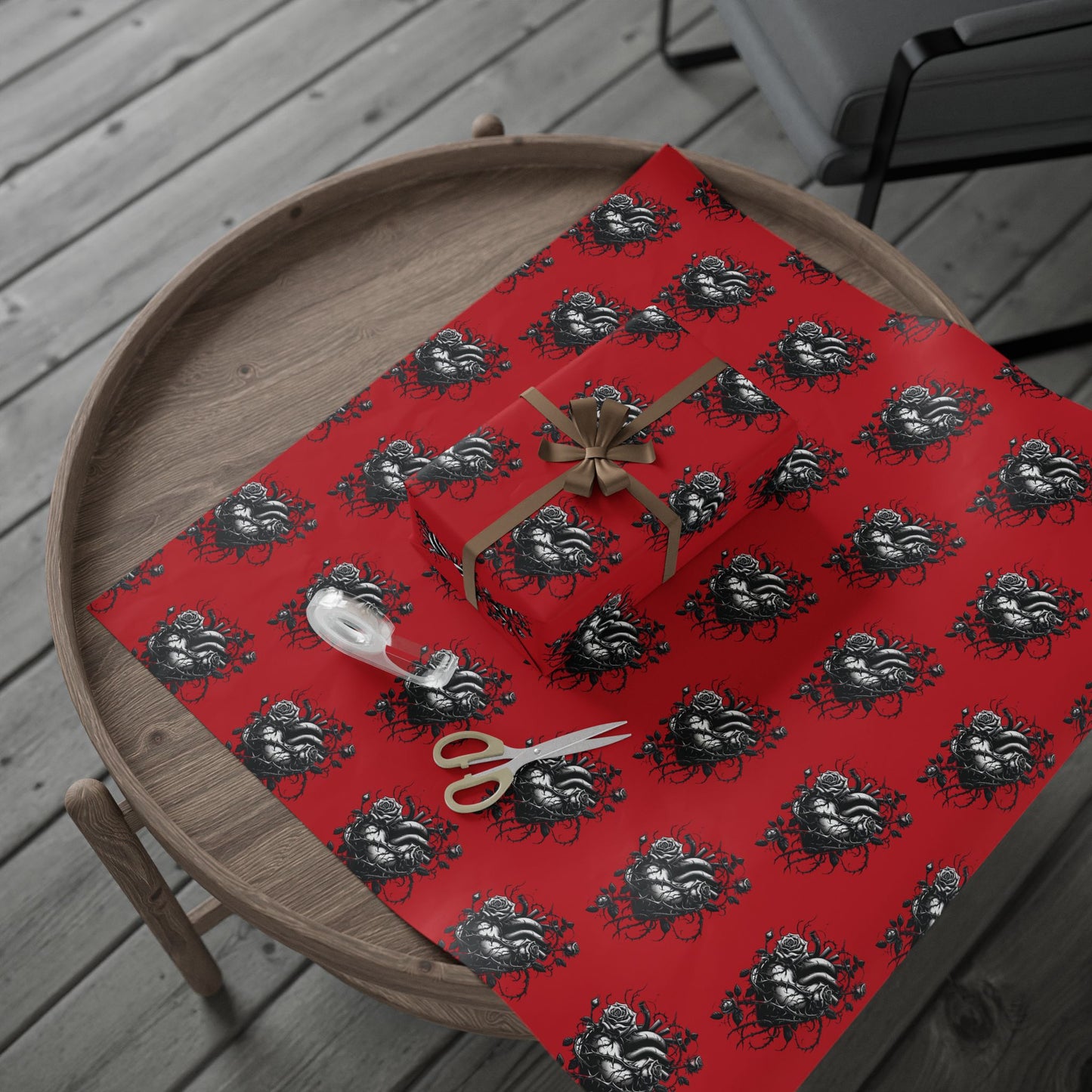 Skull & Roses Red Wrapping Paper Roll — Gothic Holiday Gift Wrap