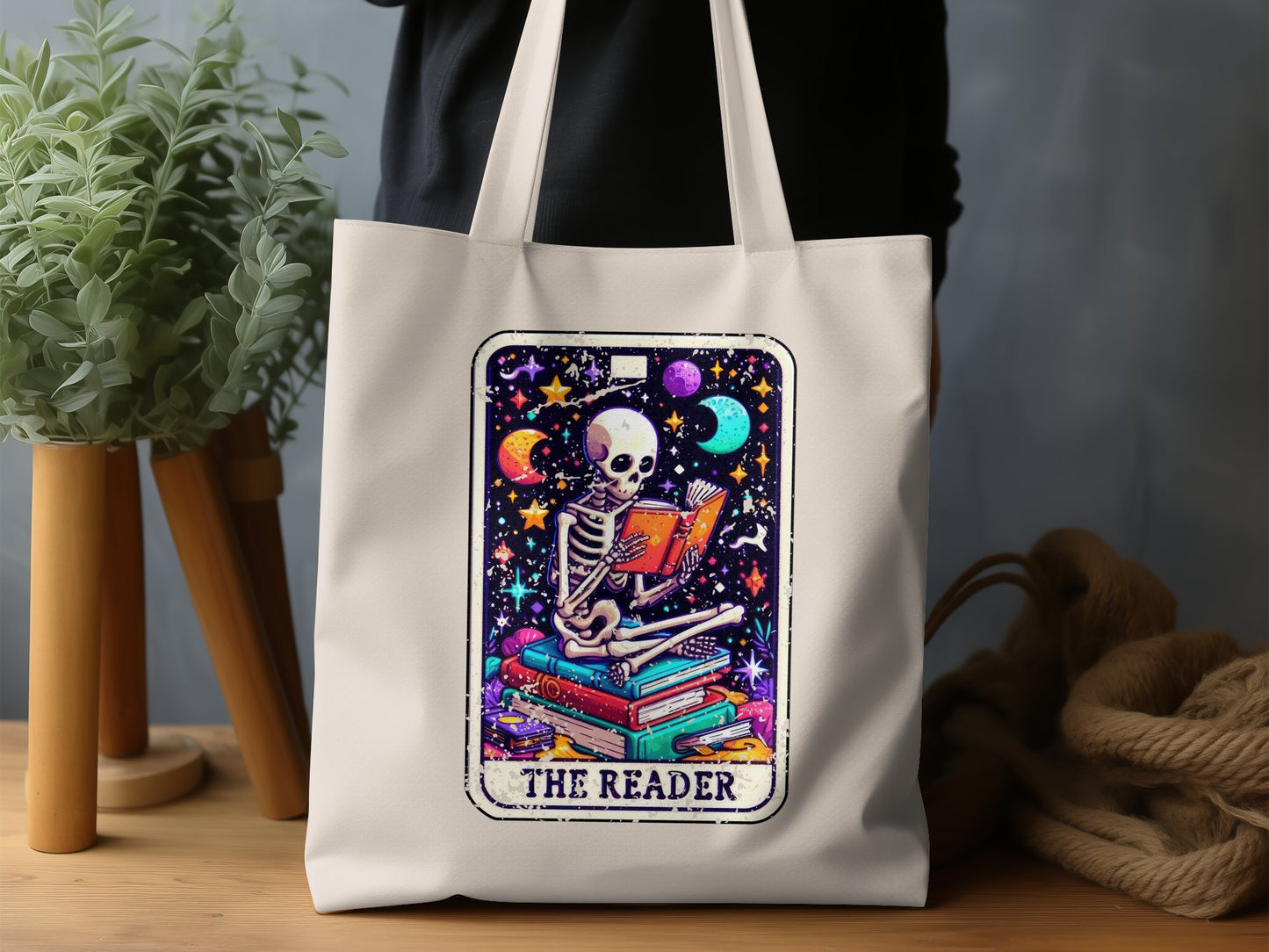 The Reader Skeleton Reading Books Tote Bag product type