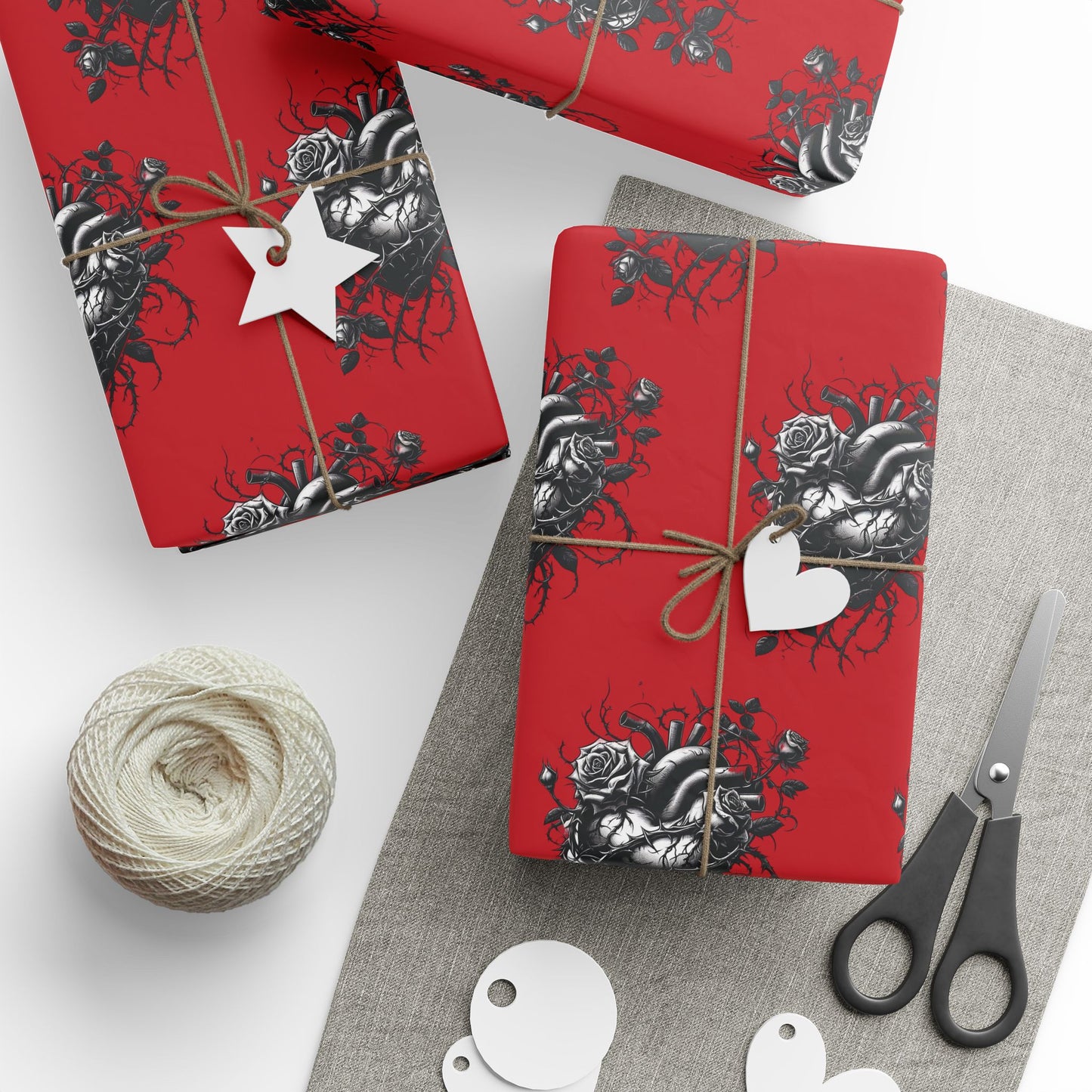 Skull & Roses Red Wrapping Paper Roll — Gothic Holiday Gift Wrap