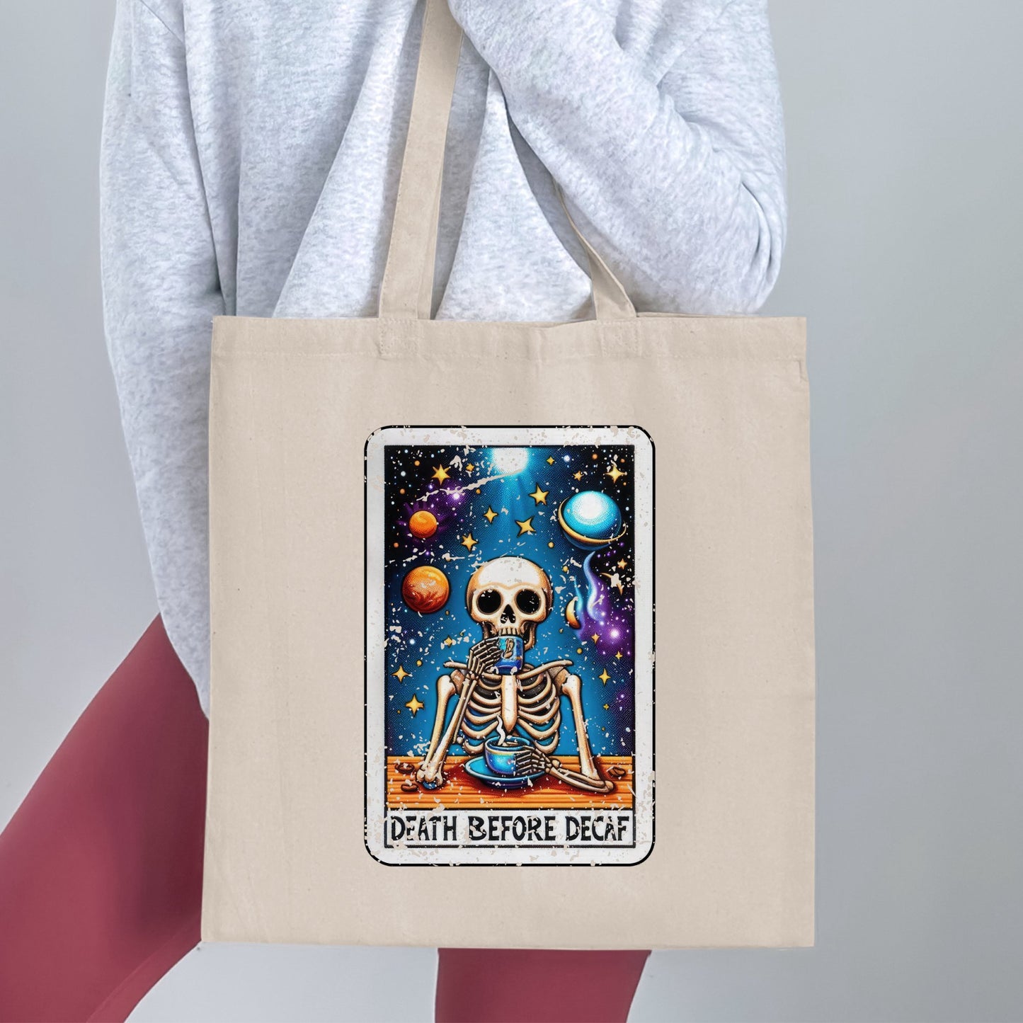 Quirky Death Before Decaf Skeleton Art Tote product type