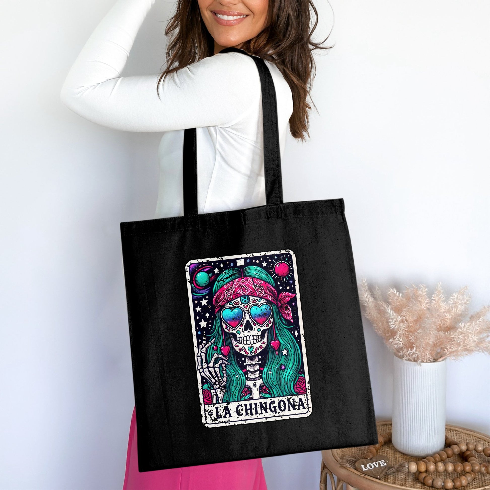 Boho Chic Skull Tote Bag with Colorful Design product type