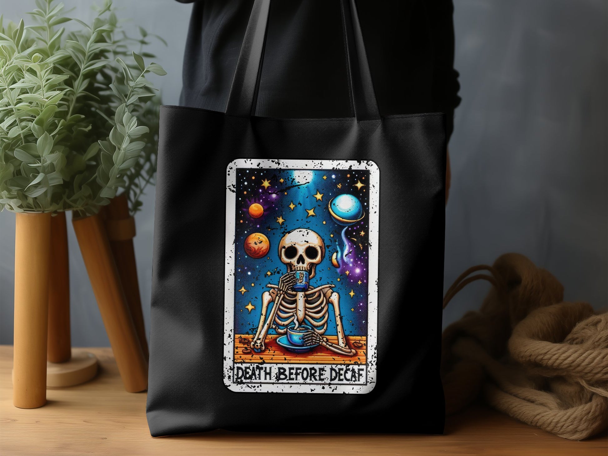 Death Before Decaf Skeleton on Black Tote Bag product