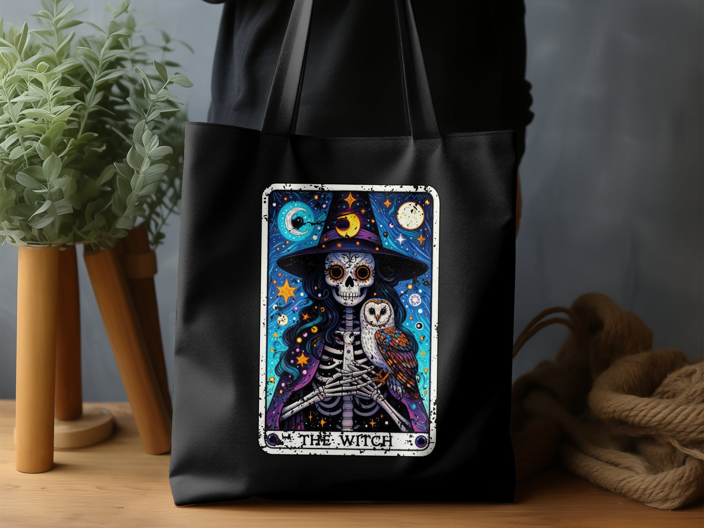Colorful Skeleton Witch with Owl Design Tote product type