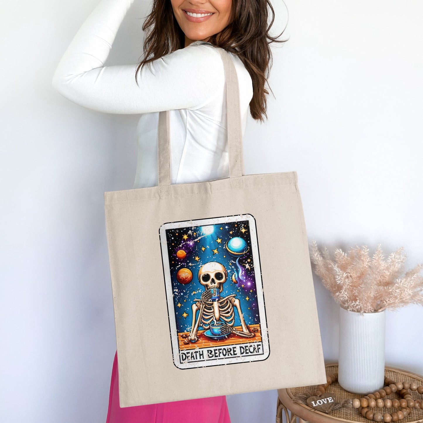 Death Before Decaf Skeleton Tarot Card Tote Bag product type