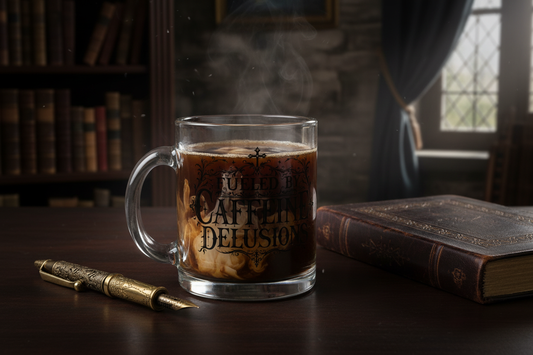 Caffeine Delusions Mug - Gothic Desk Scene