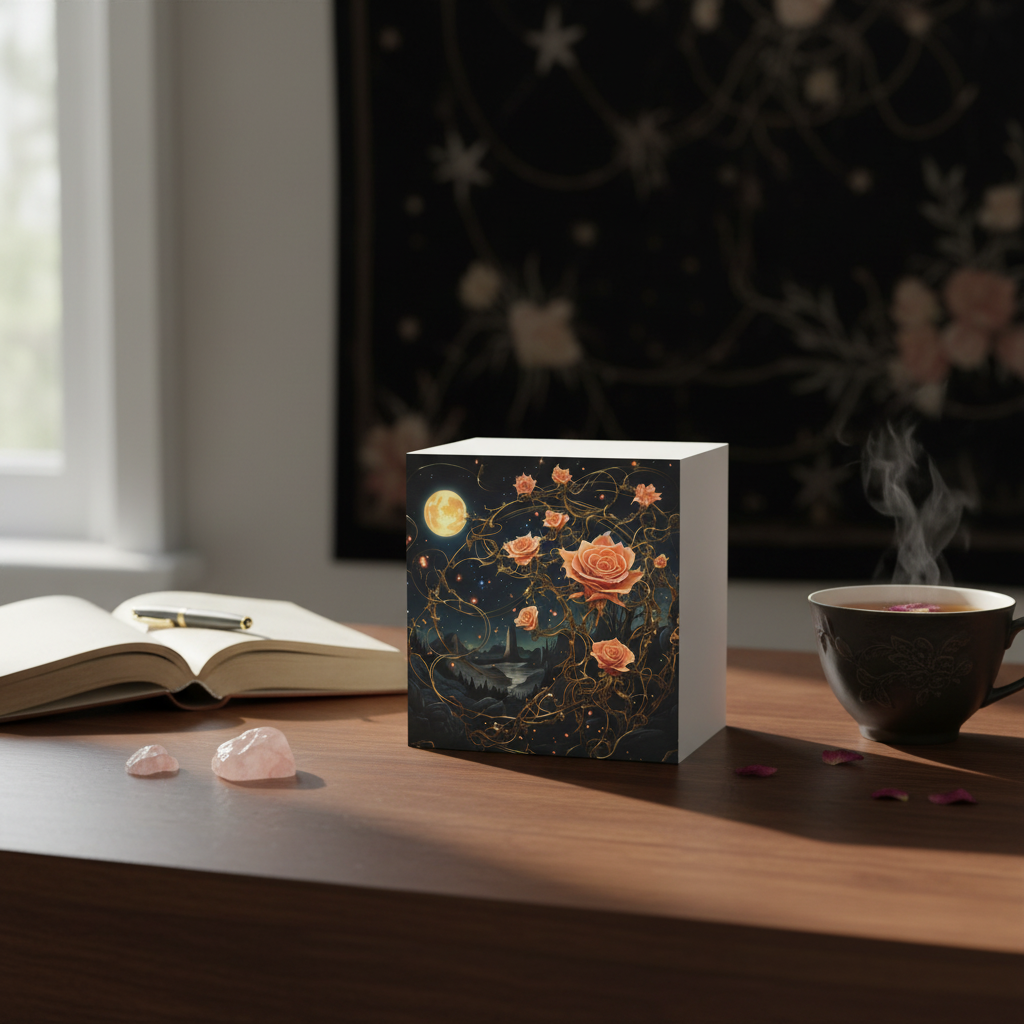 Celestial rose note cube with floral moon design and botanical artwork, 700 sticky sheets
