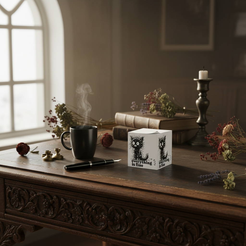 Cute cat note cube with stressed cat illustration and "Everything is Fine" text, 700 sticky sheets
