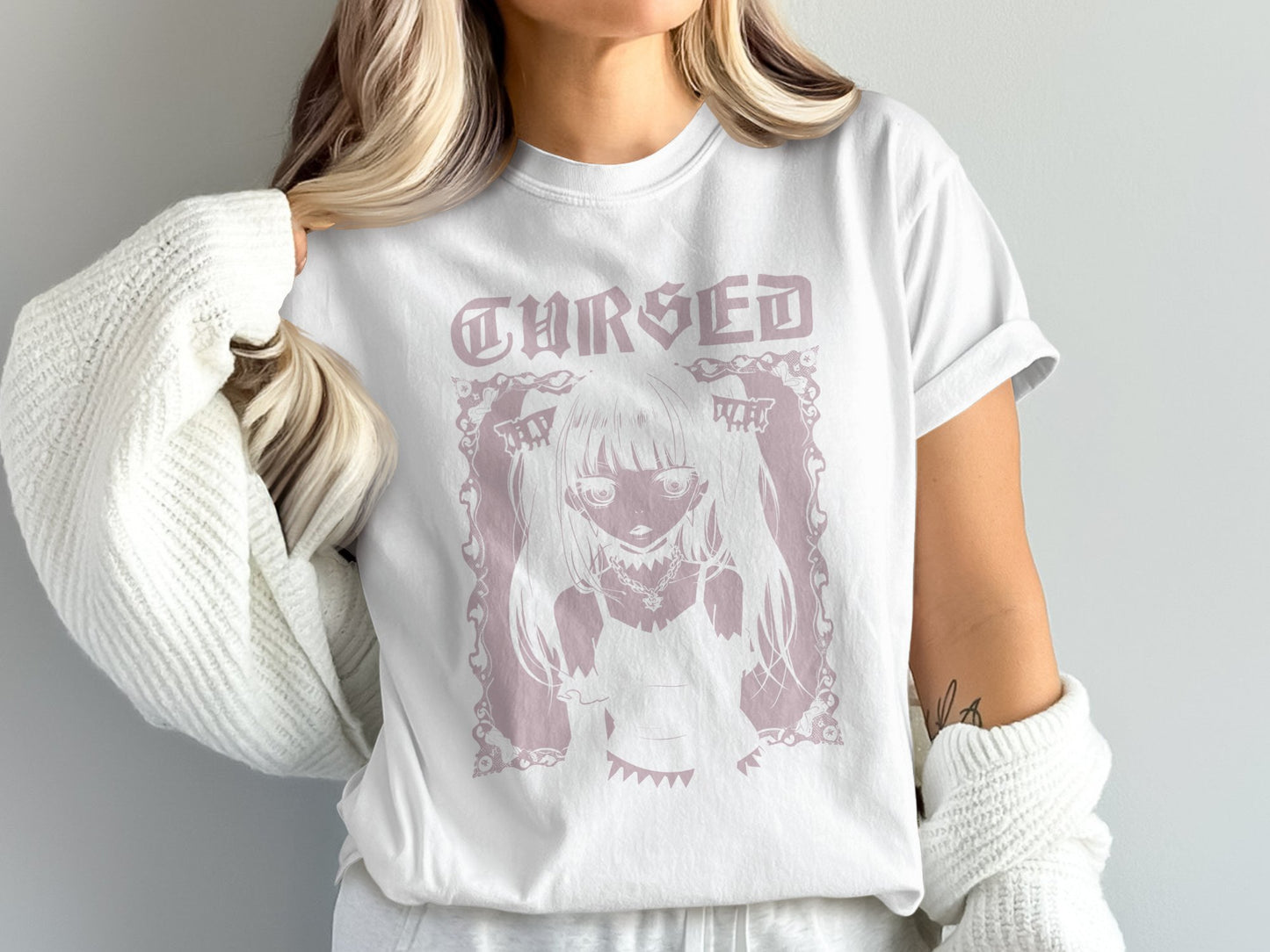 Cursed Anime Graphic White Unisex Casual T-shirt product