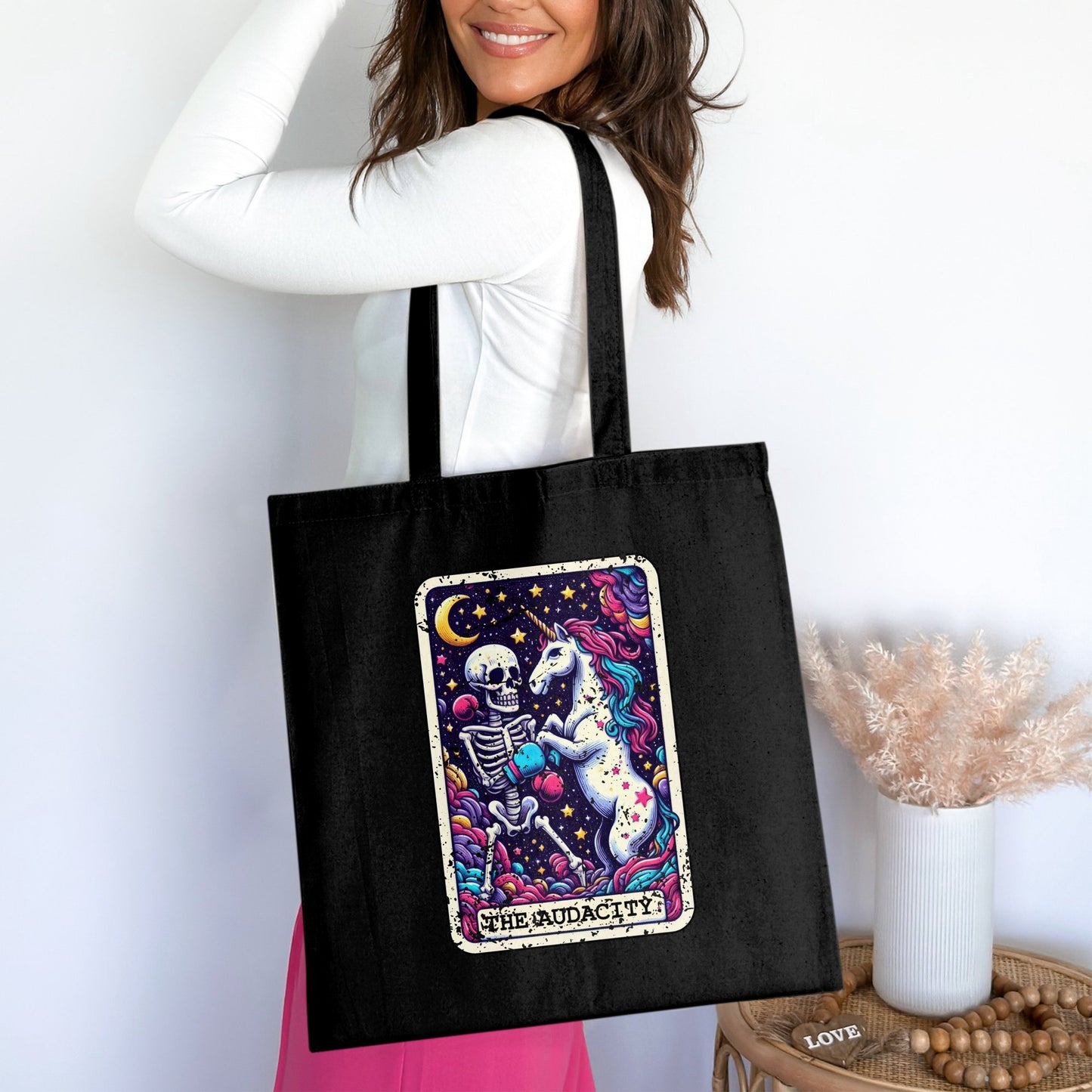 The Audacity Skeleton and Unicorn Print Tote Bag product