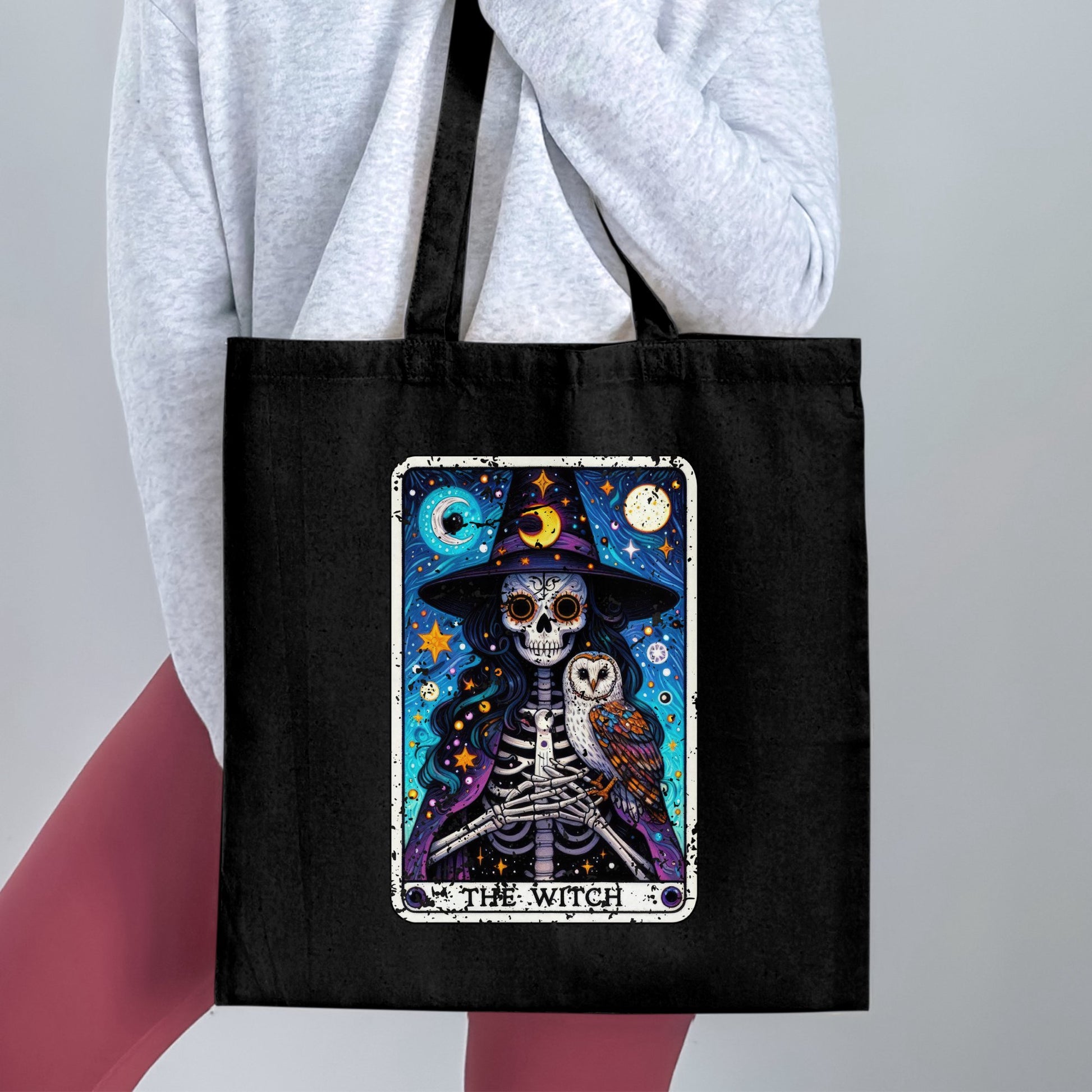 Mysterious Skeleton Witch with Owl Design Tote Bag product