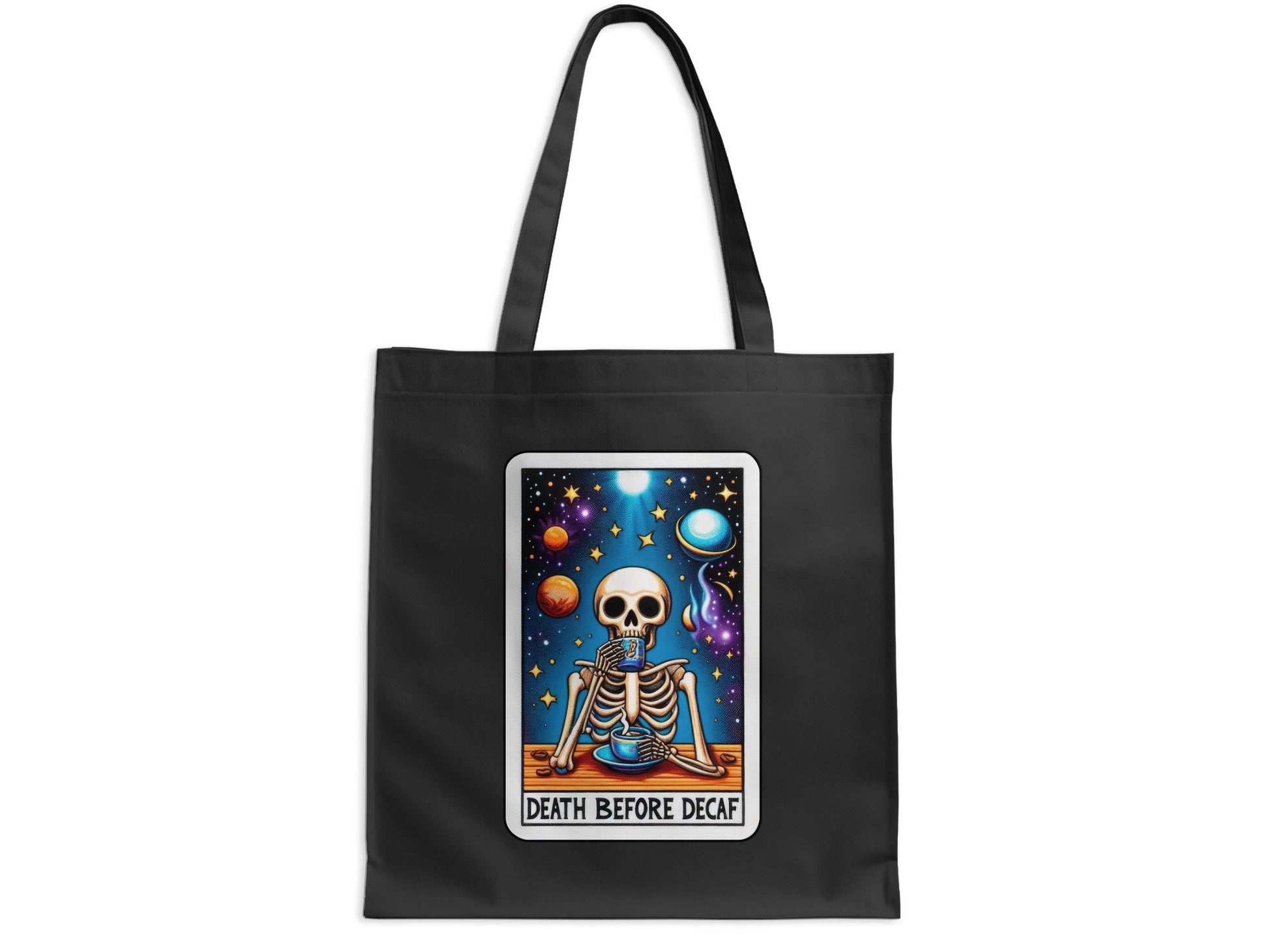 Death Before Decaf Skeleton Tote Bag Product