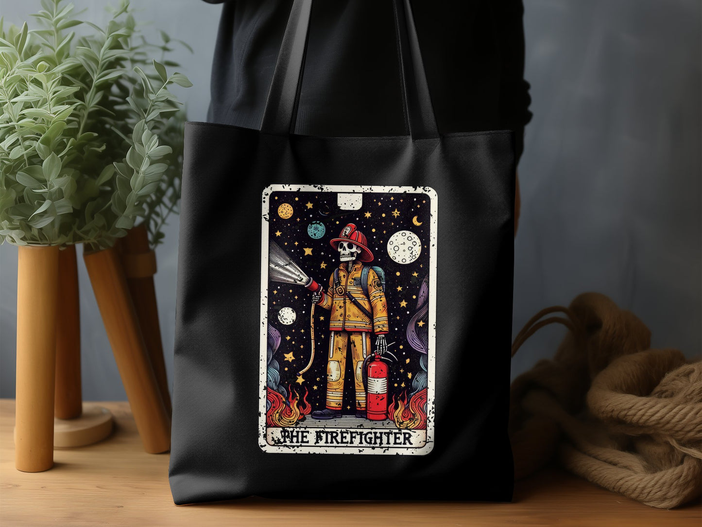 Retro Firefighter Skeleton Tarot Card Tote Bag product type