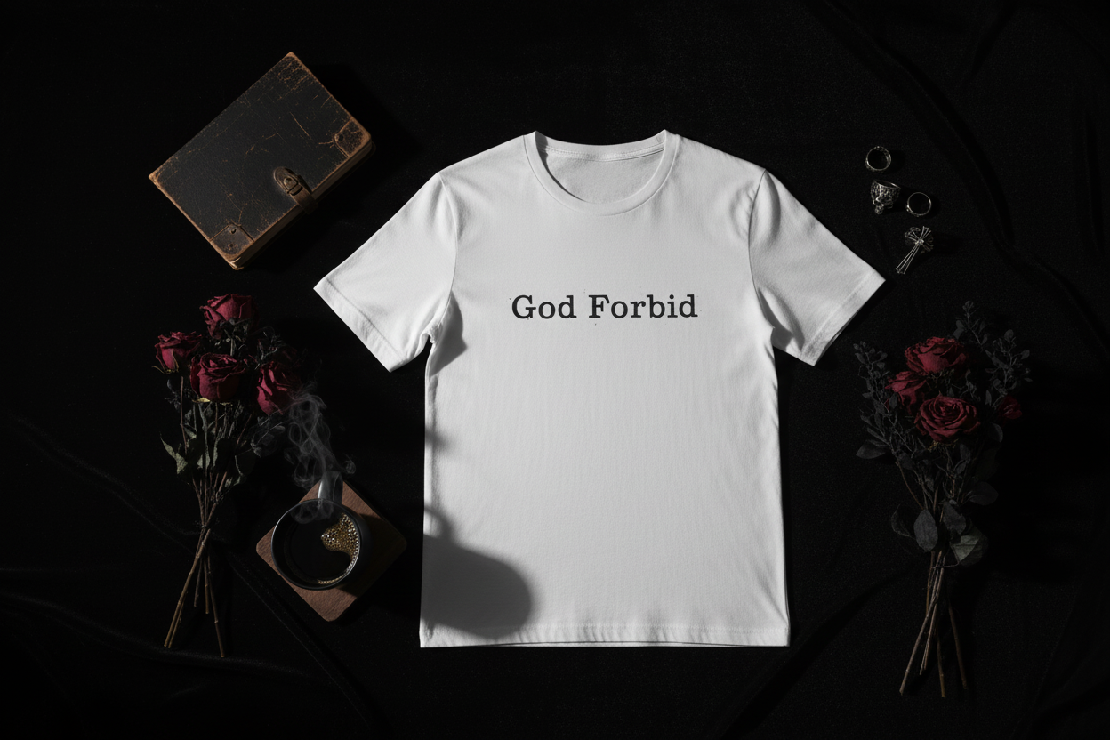 Flat lay of God Forbid tee with gothic accessories