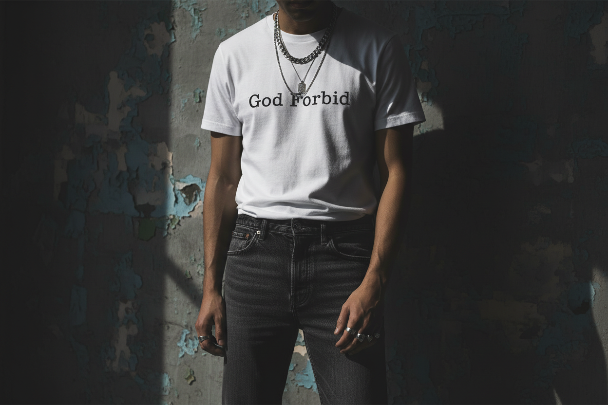 God Forbid tee styled with dark denim