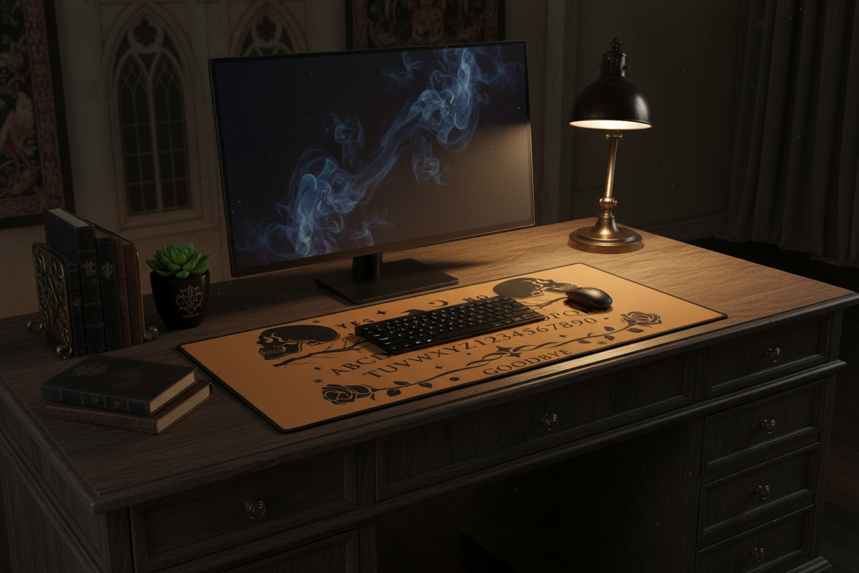 Gothic computer workspace with desk mat