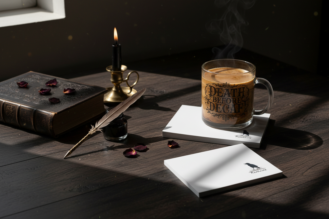 Nevermore Note Pads with Death Before Decaf Mug - Corrected