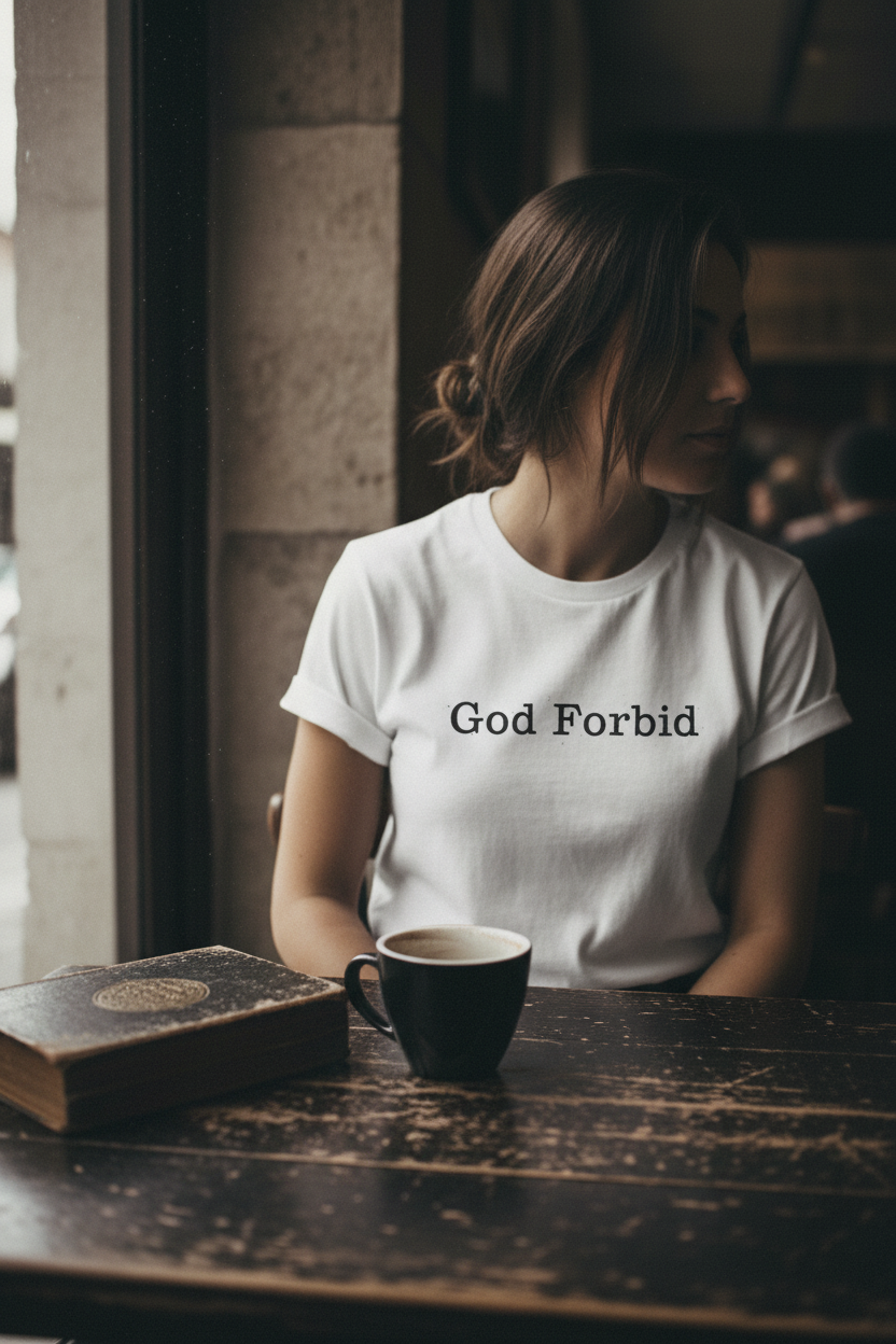 Person wearing God Forbid tee at cafe