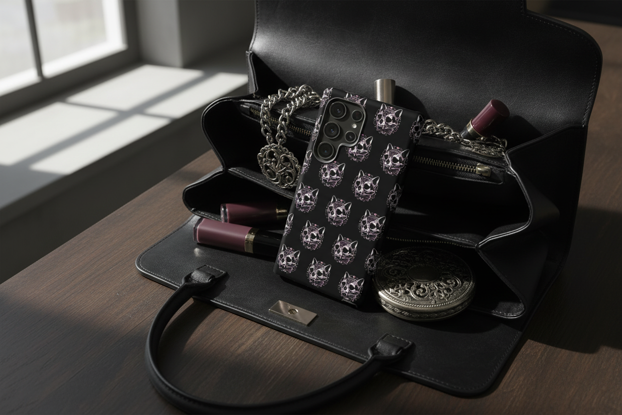 Phone case in handbag with gothic accessories