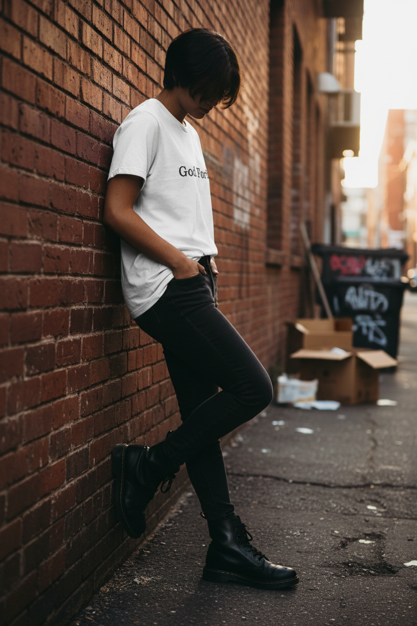 Urban street style shot wearing God Forbid tee